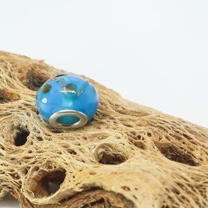 Blue Hand Painted European Glass Charm Bead with Silver Core Center